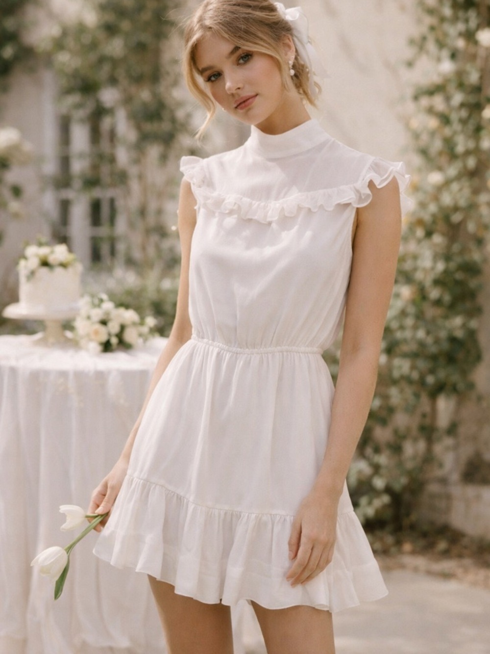 SWF White Ruffle Mini Dress High Neck Sheer Yoke Tiered Boho Bridal Romantic M